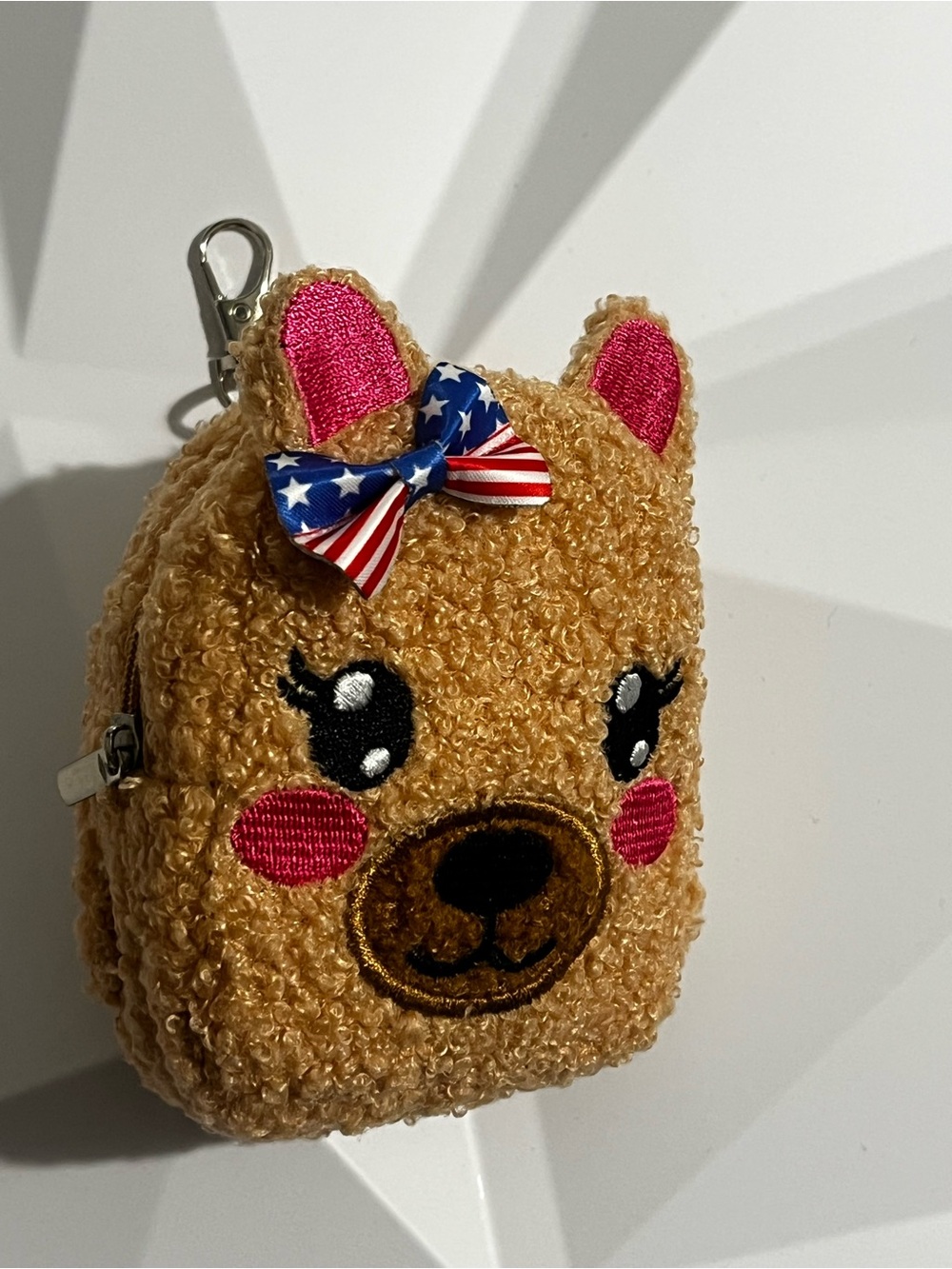 Hand Crafted Plush Bear Keychain Coin Purse - Tan with Pink Accents Bag Charm - Picture 3 of 12